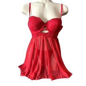 Red Lace Babydoll Lingerie Set Sheer Open Back Thong Size Unknown
